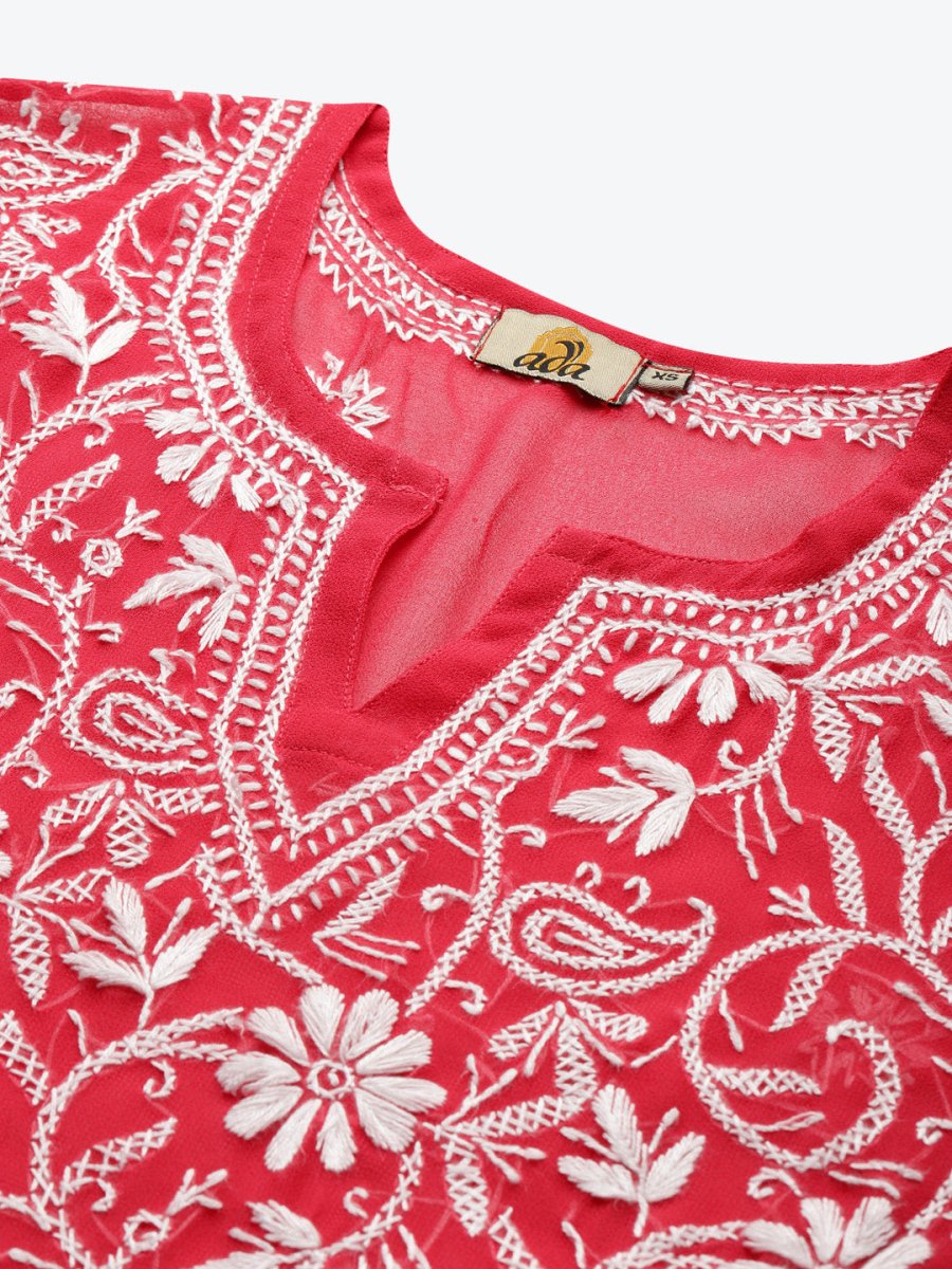 ADA Women Carrot Pink & White Floral Hand Embroidered Chikankari Handloom Kurta & Matching slip - Grab2buy
