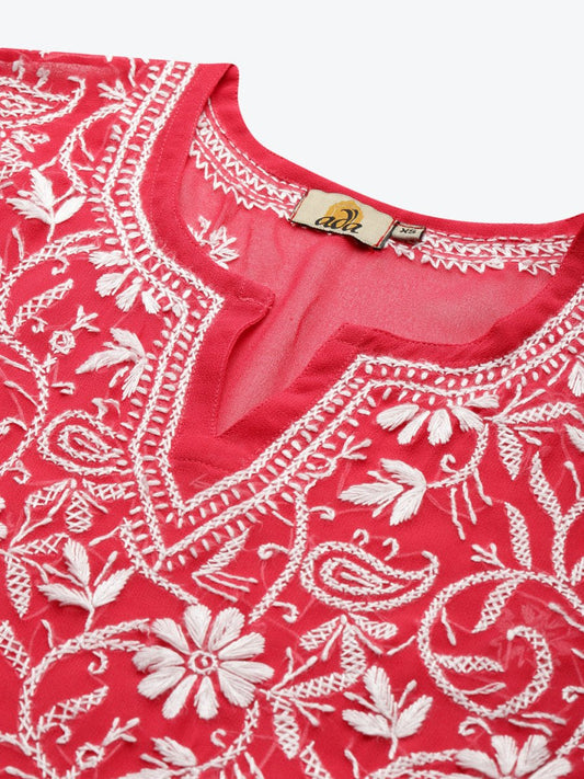 ADA Women Carrot Pink & White Floral Hand Embroidered Chikankari Handloom Kurta & Matching slip