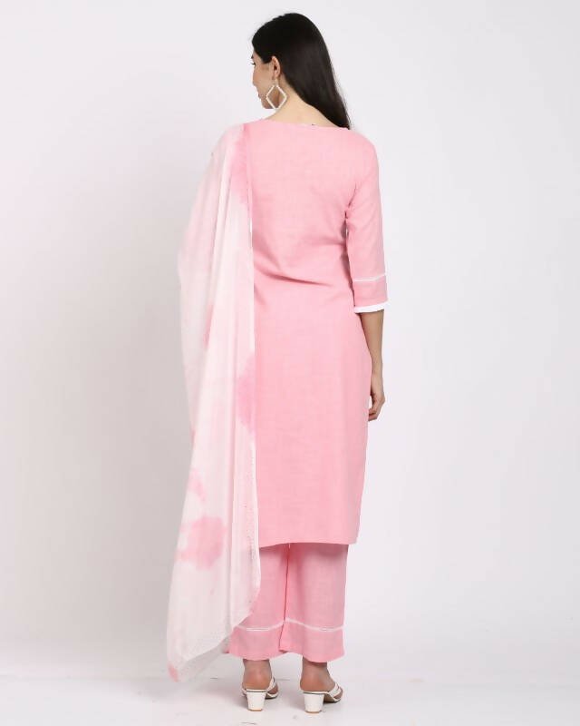 Aastha Fashion Women's Pink Cotton Embroidered Kurta with Trouser & Dupatta - Grab2buy
