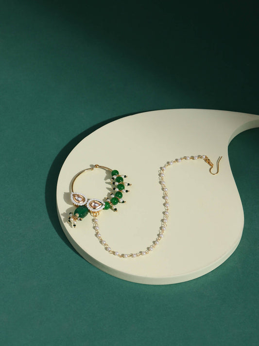 Gold Plated White Green Kundan Studded Beaded Chain Nose Pin - Ruby Raang - Grab2buy