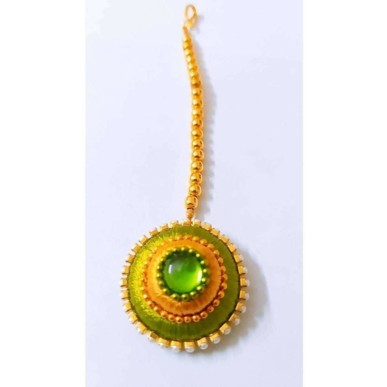 Green and Gold Silk Threaded Necklace Set with Earrings and Maang Tika - Grab2buy