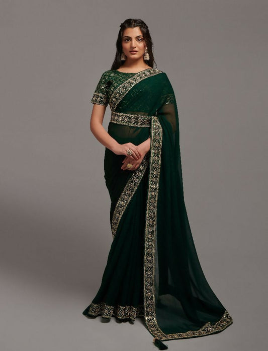 PR Fashion Green Zometo Embroidery Lace Saree