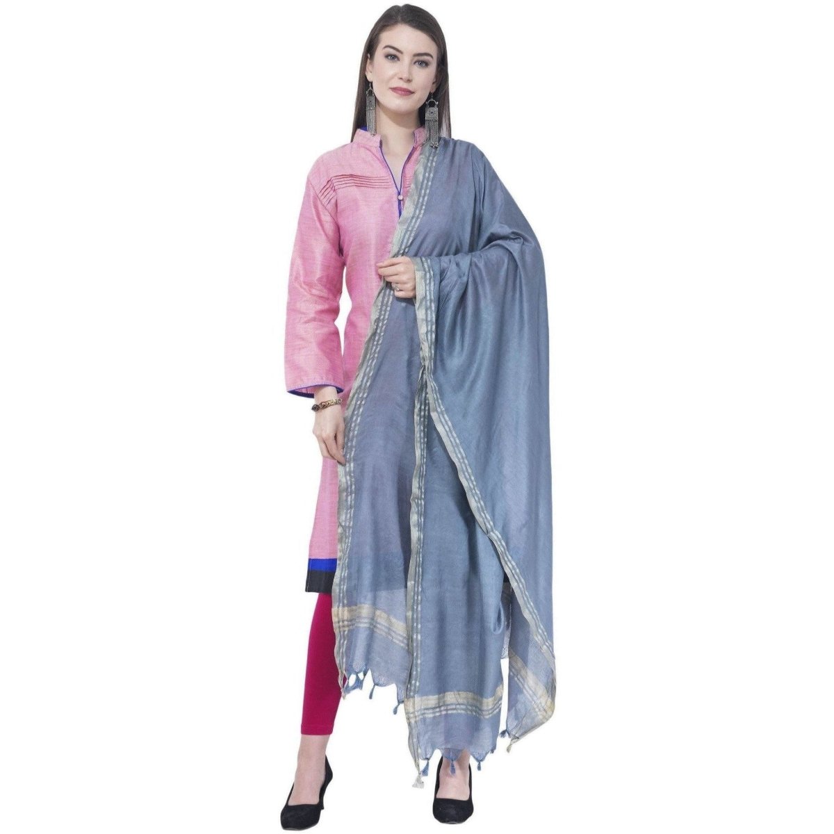 A R SILK Gray Color Golden border Cotton Dupattas and Chunnis