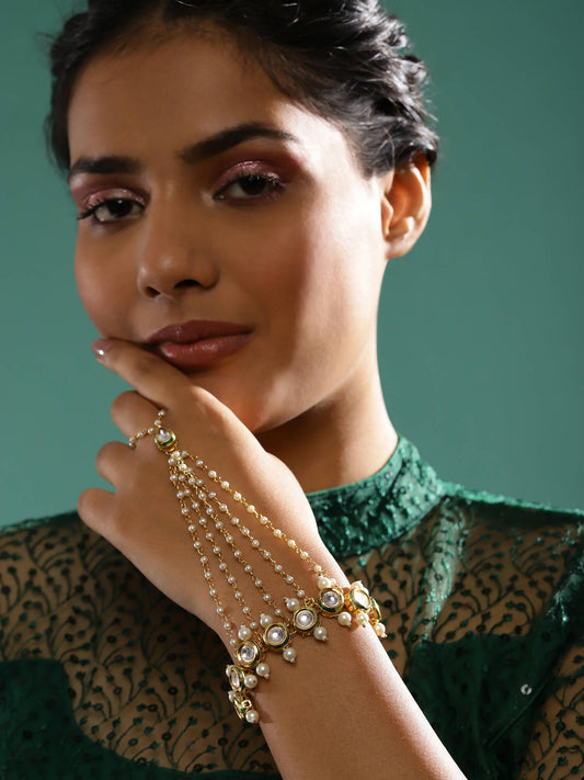 Women's Gold-Toned White Brass Kundan Gold-Polished Link Bracelet - Ruby Raang Grab2Buy Ruby Raang Grab2Buy