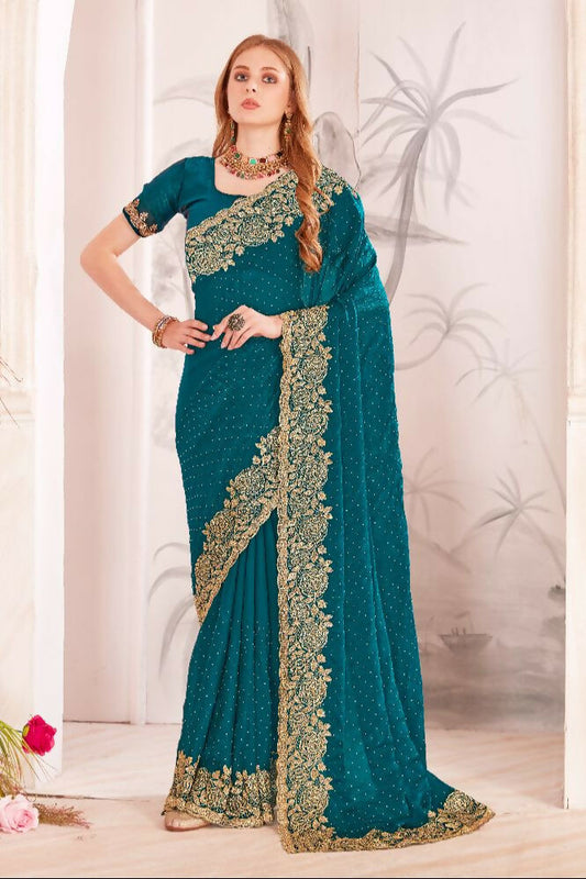 PR Fashion Morpeach Fendi Two Tone Silk Heavy Zari & Resham Embroidery Work With Heavy Zircon Work Saree