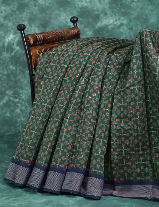 Dark Green and Navy Blue Geometrical Print Semi Chanderi Grab2Buy By Gayathri Reddy Designer Studio