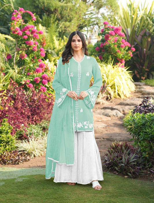 Nikhaar Light Green Embroidered Modal Silk Stitched Straight Cut Kurta Kalidar Palazzo Dupatta Readymade Suit