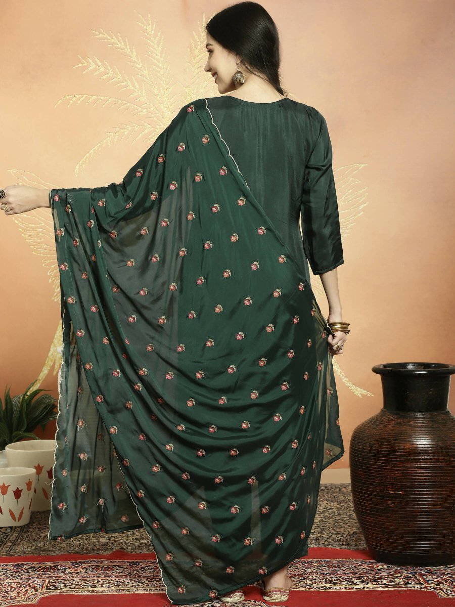 Aastha Fashion Women's Green Upada Silk Floral Resham Thread Kurta with Trouser & Dupatta - Grab2buy