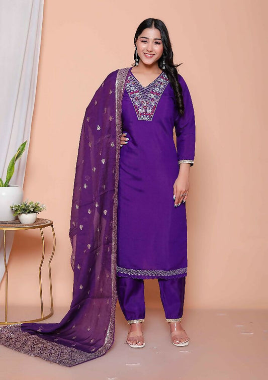Miravan Womens Purple Muslin Straight Kurta And Palazzo With Dupatta Suit Set