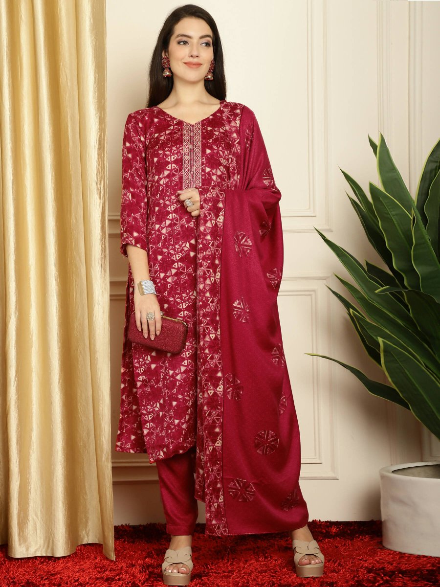 Aastha Fashion Women's Red Pashmina Floral Digital Printed Kurta with Trouser & Dupatta - Grab2buy