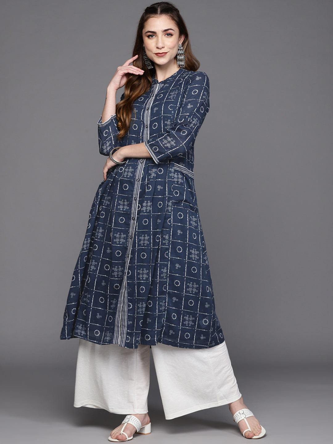 Biba Women Navy Blue & White Ethnic Motifs Printed Kurta with Inner - Grab2buy