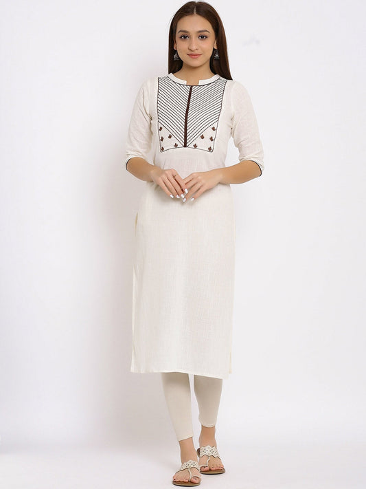 HERE&NOW White & Maroon Geometric Yoke Design Thread Work Straight Kurta