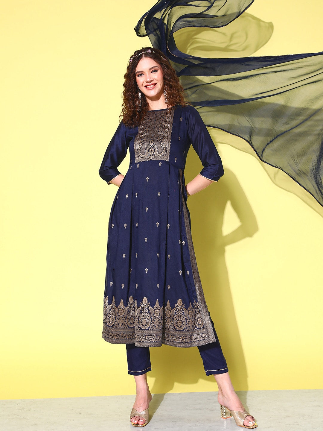Sangria Floral Yoke Design Pleated Chanderi Silk Kurta with Trousers & With Dupatta - Grab2buy