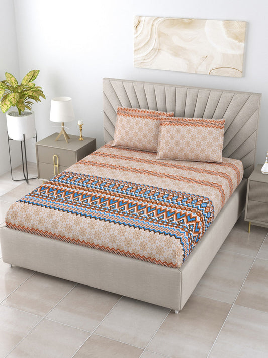 BOMBAY DYEING Brown & Blue Ethnic Motifs Cotton 250 TC King Bedsheet With 2 Pillow Covers | Grab2Buy