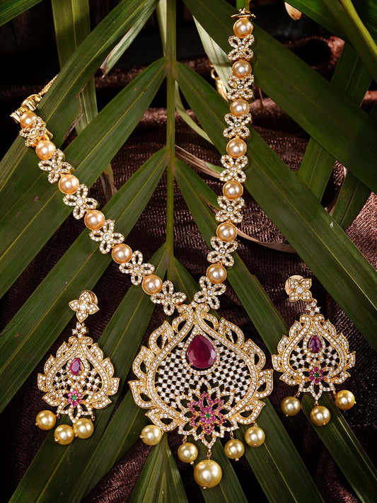 Saraf RS Jewellery Gold-Plated White & Pink American Diamond Studded & Beaded Handcrafted Jewellery Set - Grab2buy