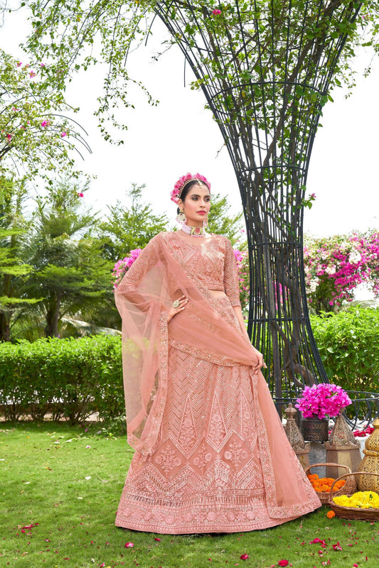 Peach Net Embroidered Semi Stitched Lehenga Choli with Dupatta - Bhagya