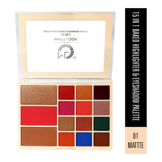 Matt Look 15 In 1 Baked Highlighter & Eyeshadow Matte Palette Face Makeup - Matte 01
