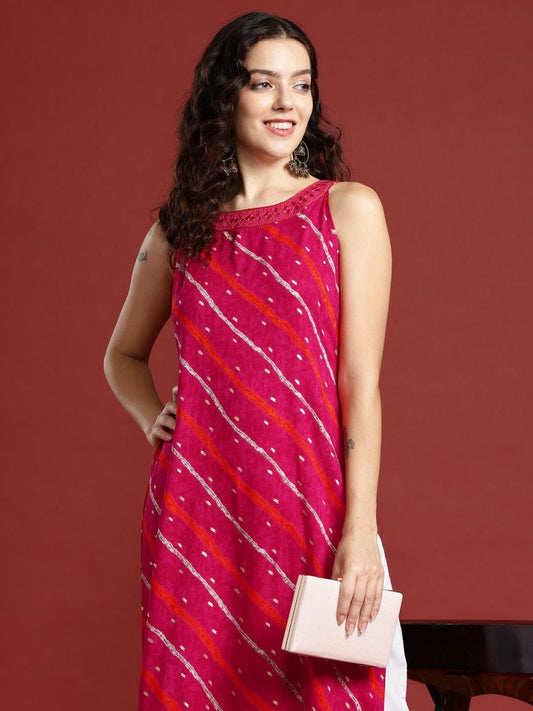 Anouk Leheriya Printed Halter Neck Thread Work Kurta | Grab2Buy