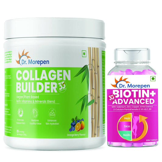 Dr. Morepen Biotin+ Advanced Tablets and Natural Collagen Builder, Orange Berry Flavour Combo