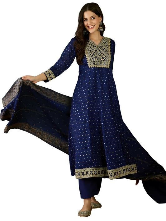 The52 Blue Women's Gorgeous Embroidered Work Vichitra Silk Fabric Flared Kurta Pant and Dupatta Set | Grab2Buy