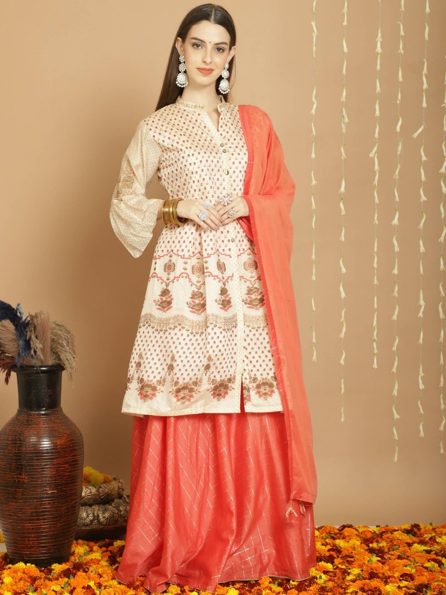 Aastha Fashion Women's Cream Chanderi Silk Elegant Jardoshi Semi Kurta with Trouser & Dupatta - Grab2buy