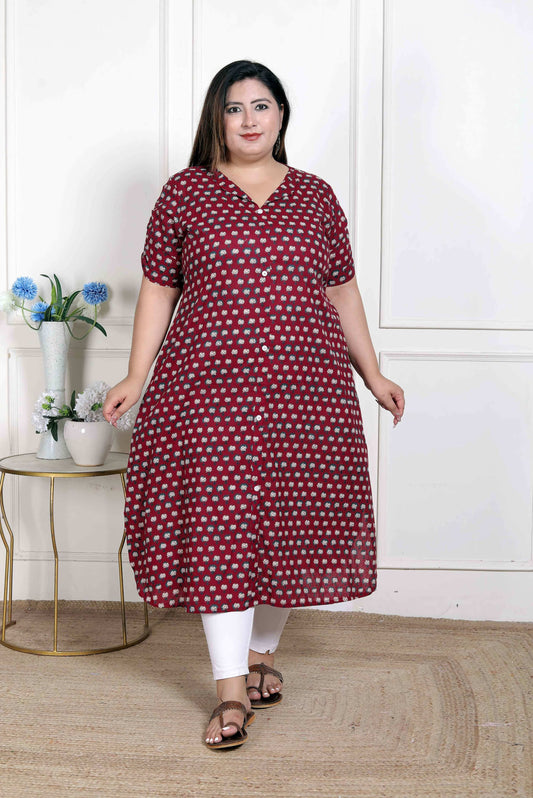 Miravan Women's Plus Size Relaxed Fit Red Floral Printed A-Line Pure Cotton Kurta | Grab2Buy