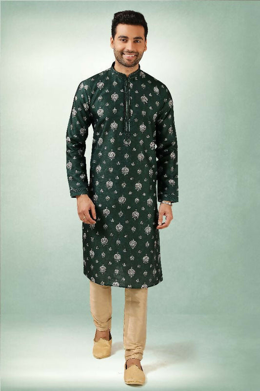 Raivat Ethnic Art Silk Printed Work Kurta Pajama In Green Colour