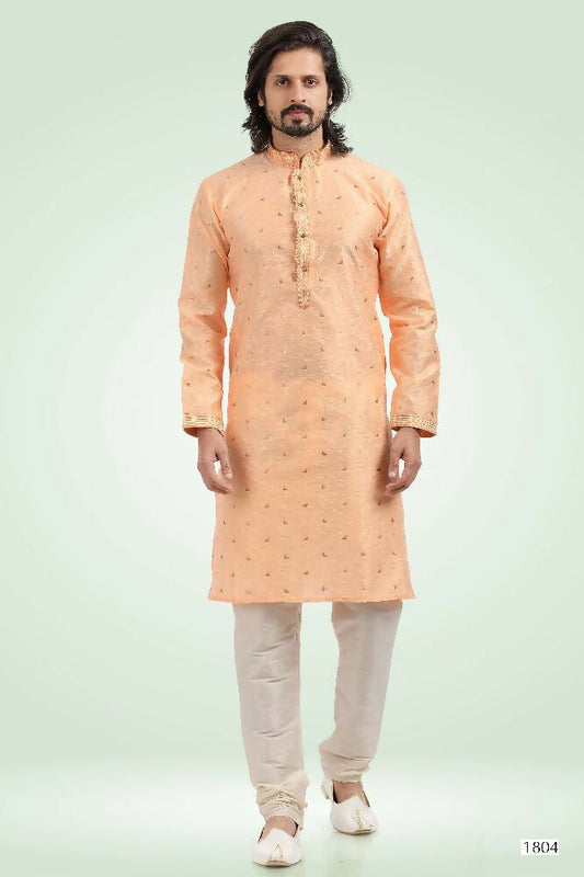 Raivat Ethnic Jacquard Banarasi Silk Pintux Work Kurta Pajama In Peach Colour