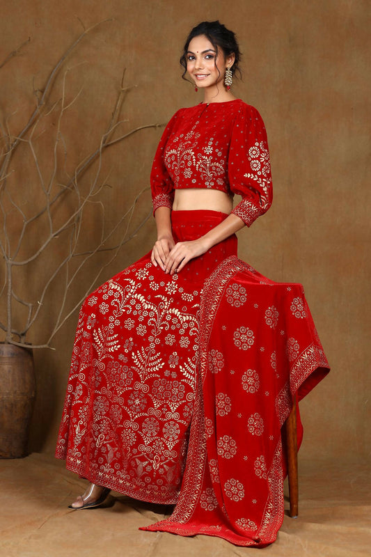 Juniper Women Maroon Velvet Printed Flared Lehenga Choli Sets - Grab2buy
