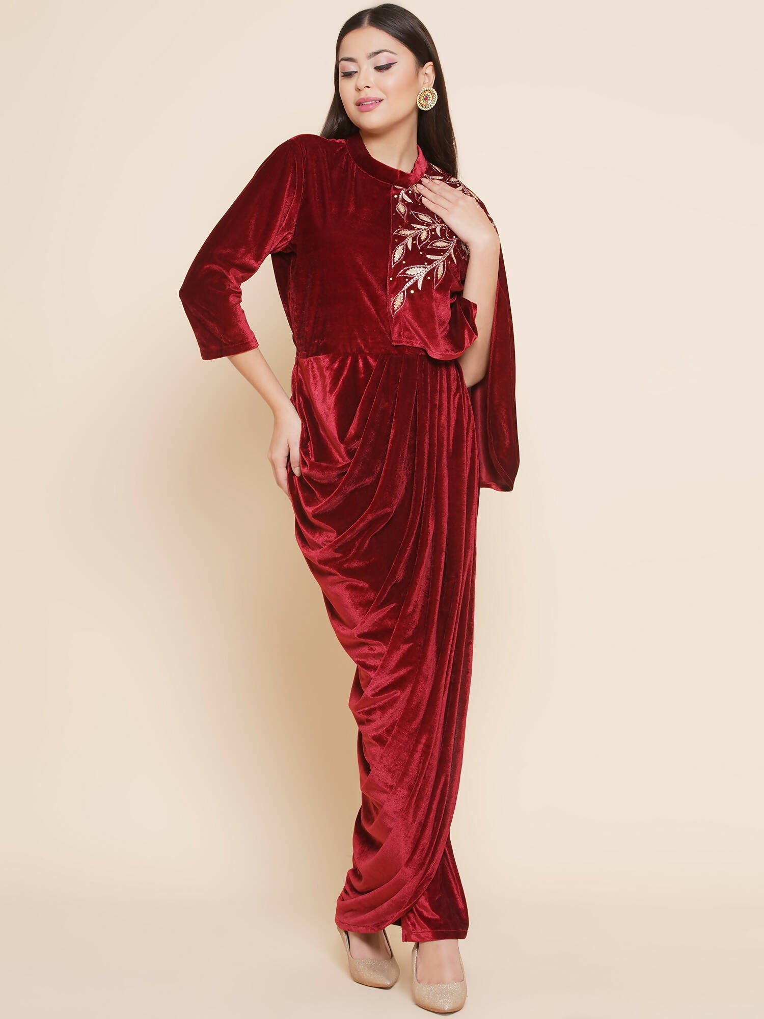 Women Republic Maroon Velvet Drape Styel Gown - Grab2buy