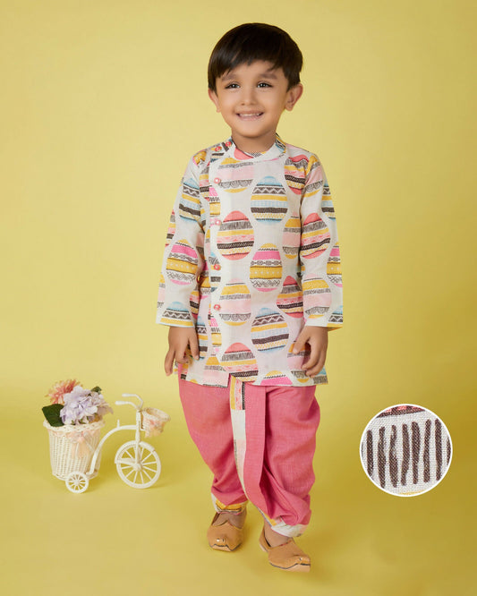 Joban Fashion Kids Island Cotton Full Sleeves printed Kurta and Solid Dhoti - Pink