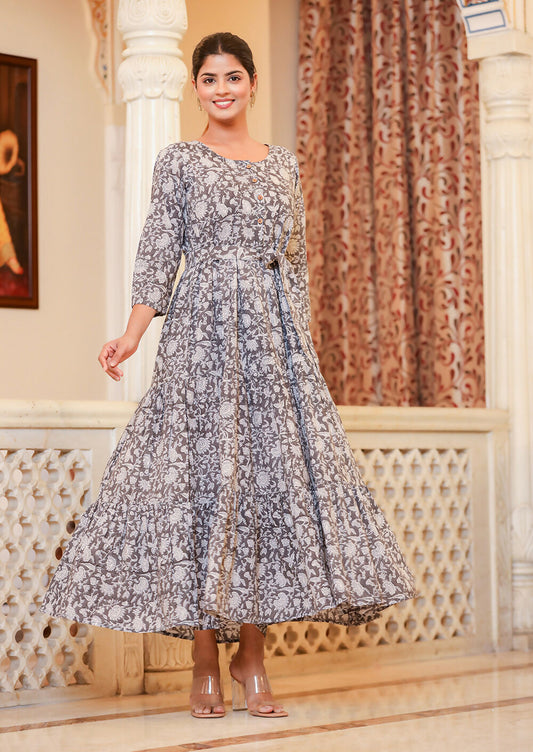Kaajh Women's Grey Ethnic Floral Hand Block Print Cotton Dress