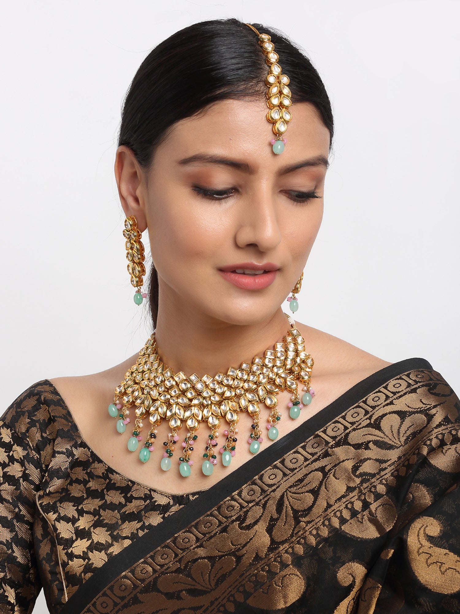 Kundan Neckpiece With Earrings And Maang Tikka - Ruby Raang - Grab2buy