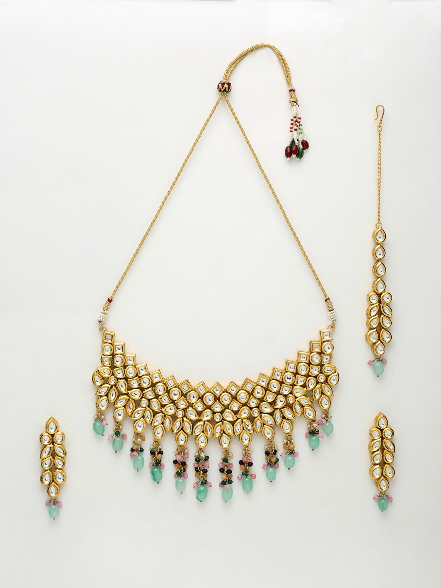 Kundan Neckpiece With Earrings And Maang Tikka - Ruby Raang - Grab2buy