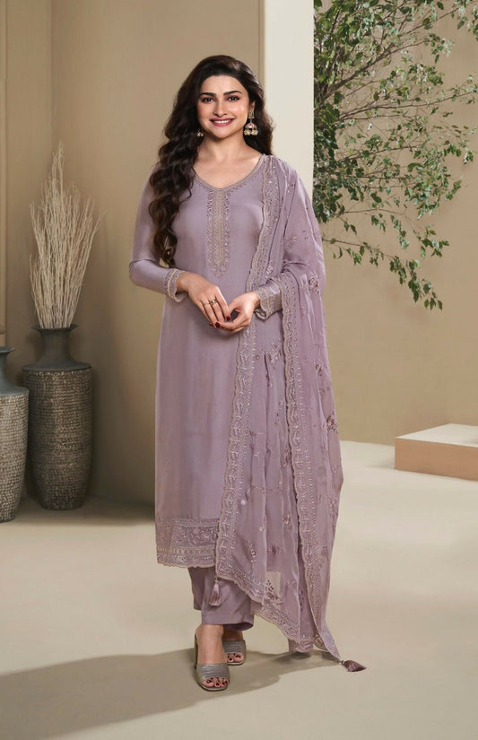 Anaita Purple Heavy Natural Crepe Stitched Suit with Embroidery & Zarkhan Work