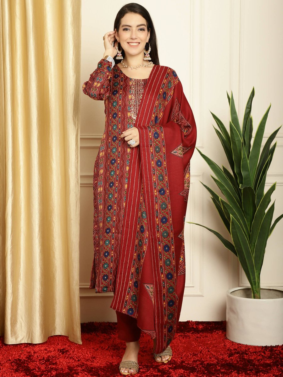 Aastha Fashion Women's Maroon Pashmina Floral Digital Printed Kurta with Trouser & Dupatta - Grab2buy