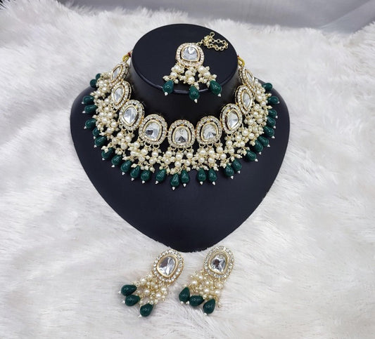 Jewel City Elegant Kundan Pearl Necklace Set with Emerald Green Drops and Matching Tikka Grab2Buy Jewel City Grab2Buy