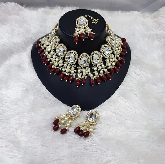 Jewel City Elegant Kundan Pearl Necklace Set with Maroon Drops and Matching Tikka Grab2Buy Jewel City Grab2Buy