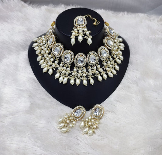 Jewel City Elegant Kundan Pearl Necklace Set with White Drops and Matching Tikka | Grab2Buy