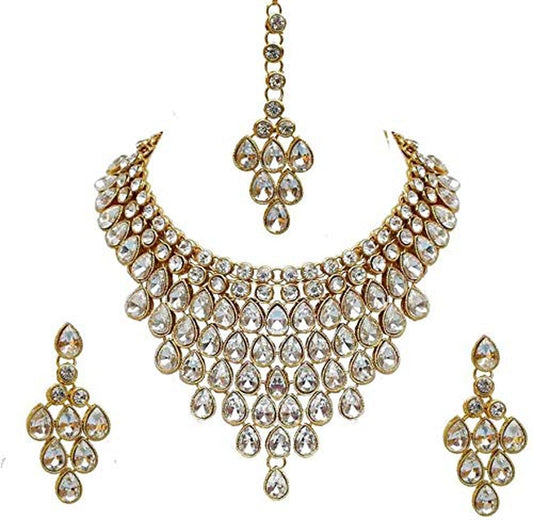 Jewel City Luxurious Gold-Plated Kundan Choker Necklace Set with Maang Tikka and Earrings | Grab2Buy
