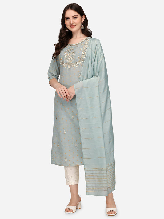 Embroidered Kurta With Pant & Dupatta Set, Multicolor - Hiral Fashion