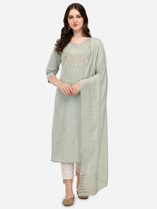 Embroidered Kurta With Pant & Dupatta Set, Multicolor - Hiral Fashion
