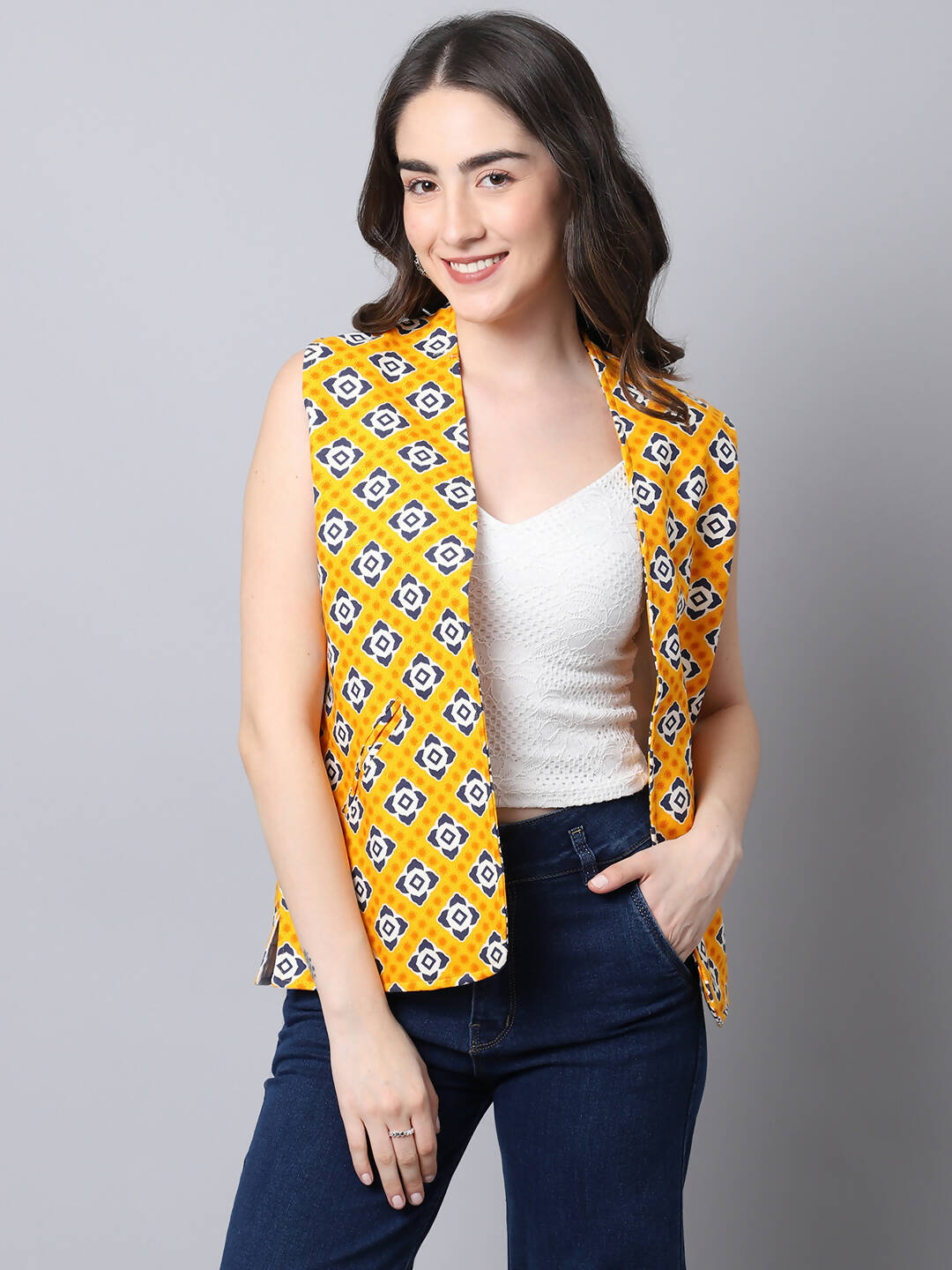 Even Apparels Yellow Viscose Rayon Open Front Women's Waistcoat - Grab2buy