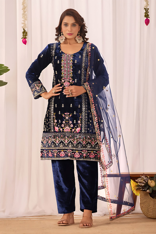 Lehenga Mart Designer Velvet Sequence Embroidery Work Suit Pant With Dupatta Set-Blue