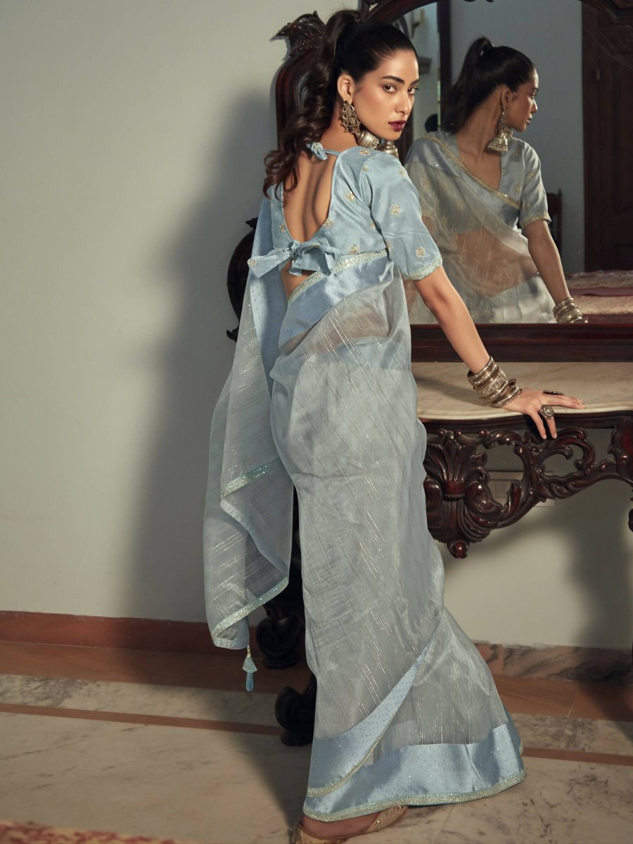 Aastha Fashion Women's Blue Organza Zari Woven Saree with Blouse - Grab2buy