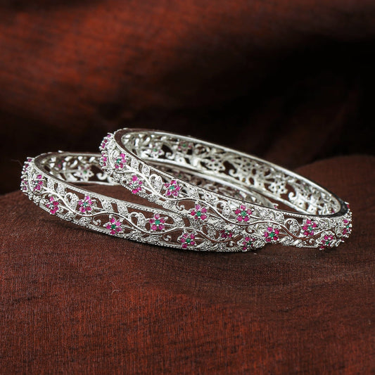 Estele Rhodium Plated CZ Fascinating Floral Designer Bangles with Ruby & Green Crystals for Women