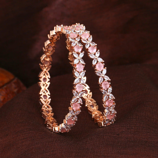 Estele Rose Gold-Polished CZ Flower Designer 2:8 Size Bangles with Mint Pink Stones for Women