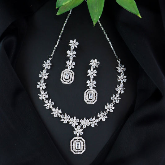 Stylish Silver Plated Cubic Zirconia American Diamond CZ AD Necklace Jewellery Set For Women & Girls - Wahe Jewels | Grab2Buy