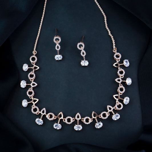 Stylish Rose Gold-Polished Cubic Zirconia American Diamond CZ AD Necklace Jewellery Set For Women & Girls - Wahe Jewels | Grab2Buy