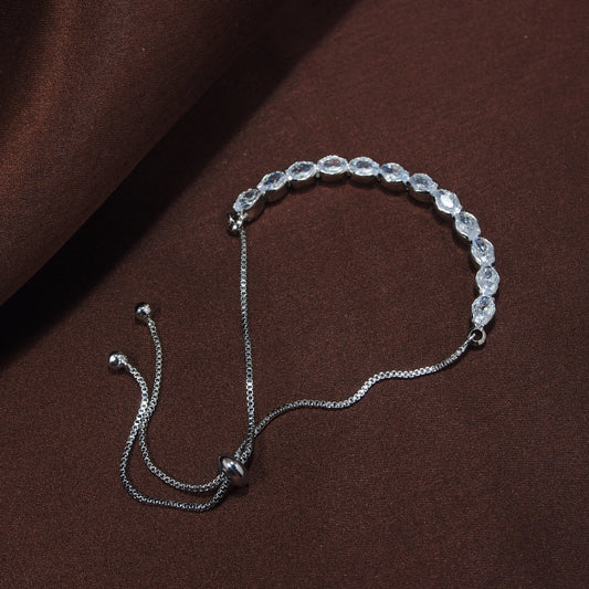 18k Rhodium Plated Cubic Zirconia Adjustable Bracelet Jewellery with Pull-Chain for Women & Girls - Wahe Jewels